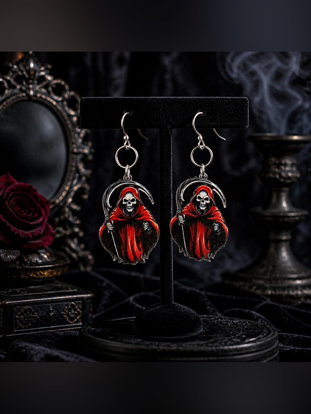 Red Grim Reaper Drop Earrings for Women - Hypoallergenic hooks - gothic Jewelry